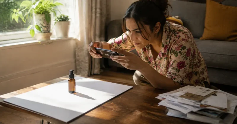Creator photographing a product on white poster board with natural window light — first step in AI product photography workflow