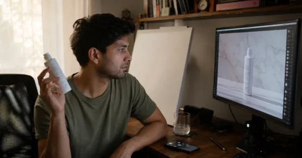 Content creator holding a product while viewing AI-generated product photography on a monitor — product photography with AI workflow