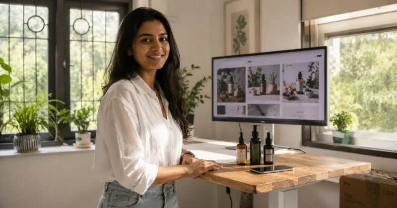 Creator standing at desk with physical products and AI-generated product photography results on monitor — product photography with AI success