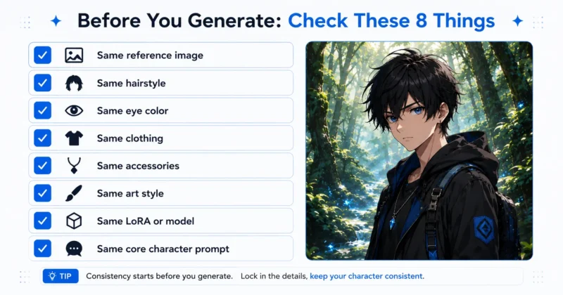 how to keep AI anime characters consistent checklist for reference images, facial traits, clothing, and style