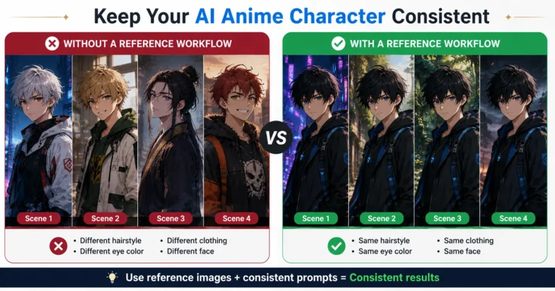 AI anime character drift compared with a consistent character reference workflow