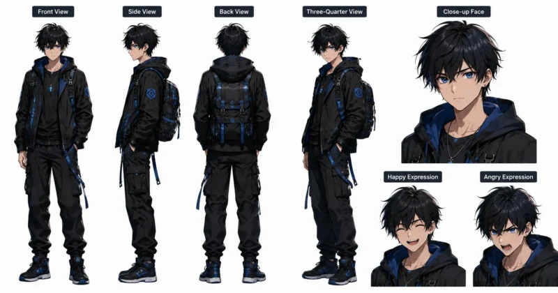 AI anime character reference sheet with multiple views and expressions