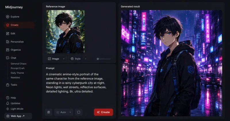 Midjourney Character Reference workflow using a consistent anime character