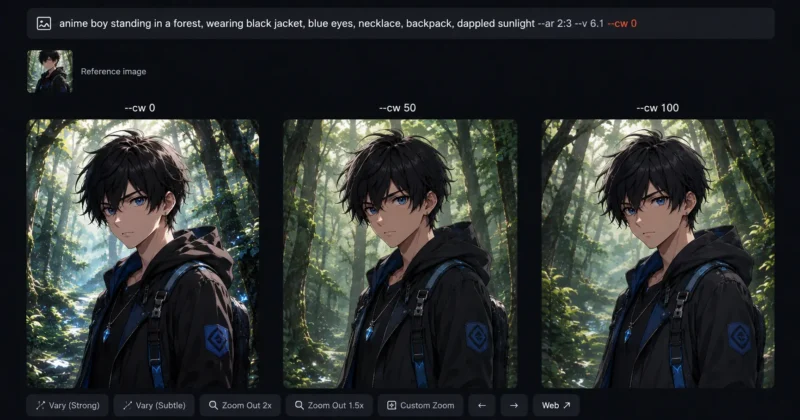 Midjourney character weight comparison using cw 0, cw 50, and cw 100