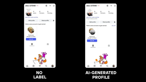 Instagram profile with no AI label next to the same profile showing the instagram ai generated profile badge